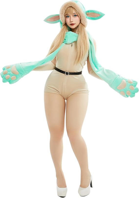 Mobbunny Women's Anime Cosplay Fuzzy Romper Pajamas Fluffy Backless Hooded Bodysuit Bodycon with Half Sleeves and Belt