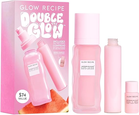 Glow Recipe Double The Glow Skincare Kit - Watermelon PHA BHA Face Toner + Full Size and Refillable Pink Juice Face Moisturizer with Hydrating Hyaluronic Acid for Dry Skin - Korean Skin Care (3 Count)
