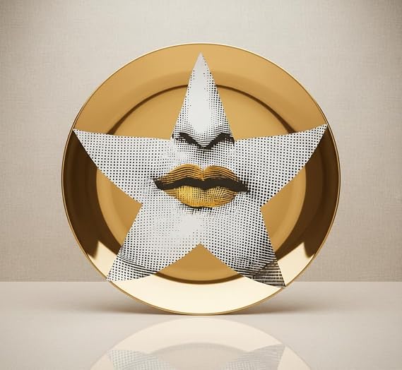 Gold Finish Bone China Decorative Plate, Surreal Lips Wall Decor, 8-Inch Art Display with Stand and Wall Mount