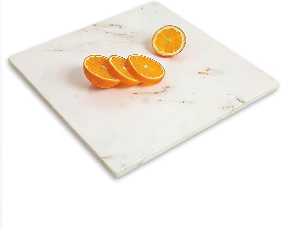 Diflart Natural Marble Stone Cutting Board for Kitchen, 16x16 Inch, White with Gold Veins, Marble Slab Pastry Board Large with Non-Slip Feet for Backing, Cheese, Chocolate, Pack of 1 Piece