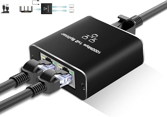 Ethernet Splitter 1 to 2, 1000Mbps RJ45 Network Splitter with USB Power, Dual Device Support for Cat5/6/7/8