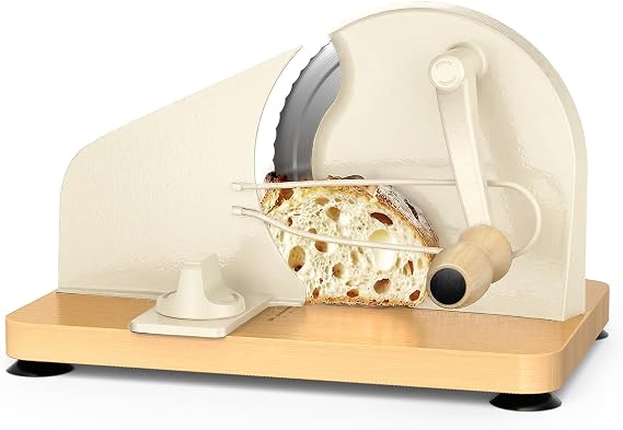 Manual Bread Slicer for Homemade Sourdough, Adjustable Thickness,Hand Crank Bread Cutter with Stainless Steel Blade Slicing Guide, Scale Line Suction Cups & Solid Wood Base