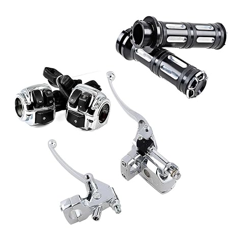 AMOPA Horn Turn Signal Head Light Switch with Harness Hydraulic Brake Master Cylinder Clutch Levers and Hand Grips Compatible with 1996-2012 Harley 1" Handlebar Softail Dyna Sportster V-Rod (Chrome)