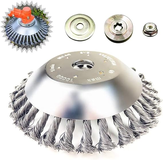 8 inch Rotary Weed Brush Joint Twist Knot Steel Wire Wheel Brush Disc Trimmer Head Universal fit Straight Shaft Trimmer with 4pcs Trimmer Blade Adapter for Sthil Honda etc