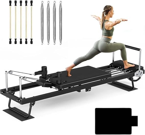 Pilates Reformer Machine, Foldable Full Body Pilates Reformer Machine, 4 Springs and 5 Cords, Multi-Functional Pilates Equipment for Core Training & Arm Toning,Black