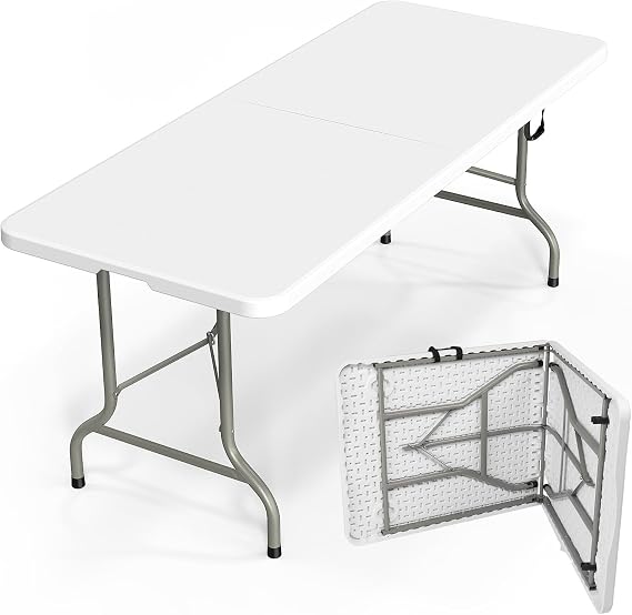 Bonnlo Folding Table 6ft, Portable Collapsible Plastic White Long Tables for Party, Camping, Banquet, Craft, Dining, Wedding, Outdoor and Indoor Use