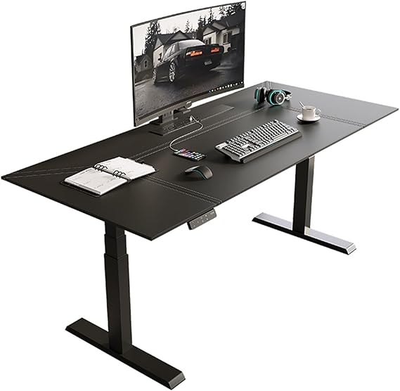 Home Electric Standing Desk with Leather Desktop, Adjustable Height Sit Stand Up Desk with 3 Memory Presets, Charging Outlets, Black Office(M)