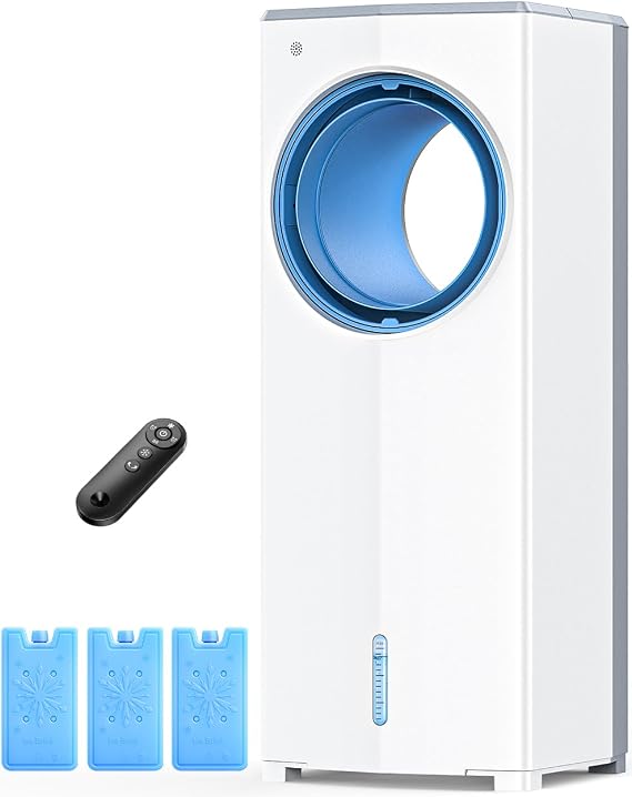 Windowless Air Conditioner, 27" Bladeless Evaporative Air Cooler with 4 Modes & 3 Speeds, Double Tanks, 4 Ice Packs, 25FT Remote,7H Timer, Portable Swamp Cooler Air Conditioner No Window Needed