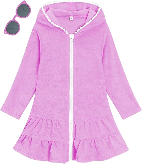 Girls Swim Cover Up Kids Long Sleeve Swimsuit Coverup Terry Beach Pool Clothes with Sunglasses
