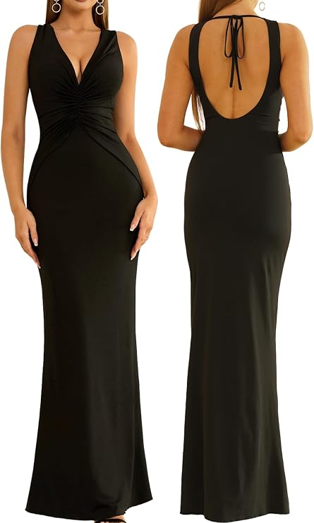 Colysmo Women Summer Bodycon Maxi Dress Sexy Ruched Deep V Neck Elegant Formal Wedding Guest Long Dresses