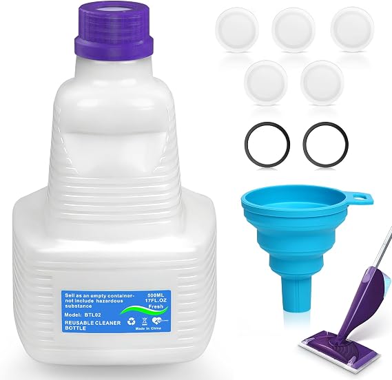 1 Pack Refillable Bottle for Swiffer Wet Jet Mop - 500ML | Leak-Proof HDPE Empty Cleaner Solution Bottle with 5 Silicone Gaskets & 1 Funnel Wood Care & Pet Safe, Eco-Friendly