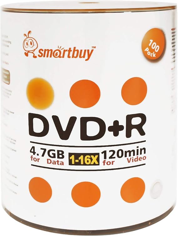 Smart Buy 100 Pack DVD+R 4.7gb 16x Logo Top Blank Disc, 100 Disc 100pk | Hold Roughly 120 minutes of Standard-Definition Audio and Video Content, Non-Printable, Marker Writable, Plastic Shrink Wrap