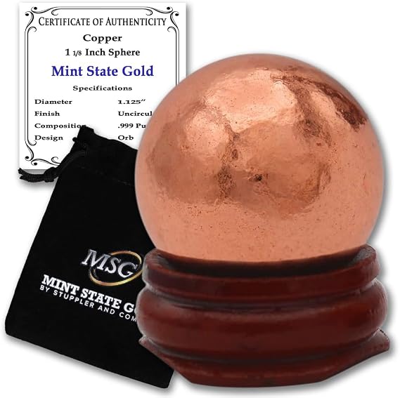 1 1/8" Copper Ball Paperweight with Wooden Base | .999 Pure Solid Sphere | with Certificate of Authenticity by Mint State Gold