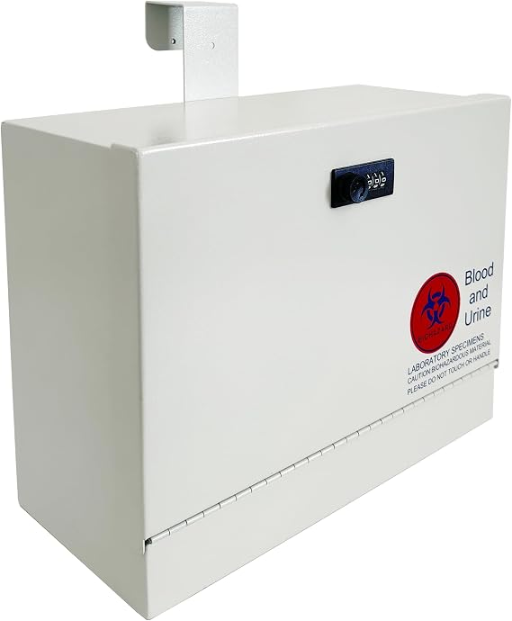 Metal Specimen Drop Box, Medium Size, Over-the-Door Hanging with Combination Lock, Secure Collection for Labs, Clinics, Medical Offices, Durable Steel Construction, Gray