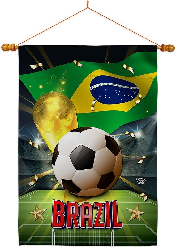 World Cup Brazil Home Banner Wall Art Patio Porch Lawn Garden Flag Stand Pole Room Decorations Indoor Outdoor FIFA Team Qatar Trophy Soccer Game Football Gifts, Made in USA