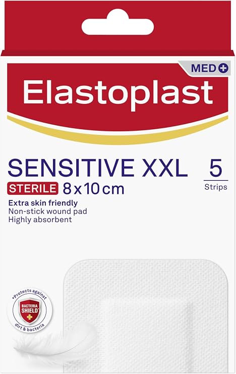 Elastoplast Sensitive XXL Med+ Dressings (5 Strips), Pack of First Aid Plasters, Larger Everyday use for Post-Operative Wounds, Skin-Friendly Sterile Dressings for Wounds, 0% Latex, Clear