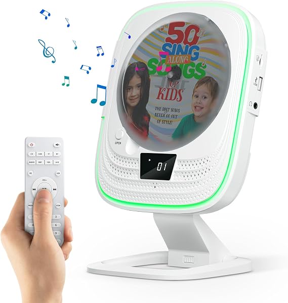 Portable Bluetooth 5.0 CD Player Boombox HiFi Stereo Speakers, FM Radio with Remote Control, LED Lights, TF/USB, Headphone Jack