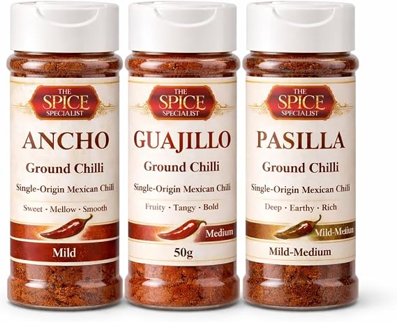 Mexican Chilli Trio — Ancho, Guajillo & Pasilla Ground Chillies, Single-Origin Mexican Chilli Selection, 3 x 50g | The Spice Specialist