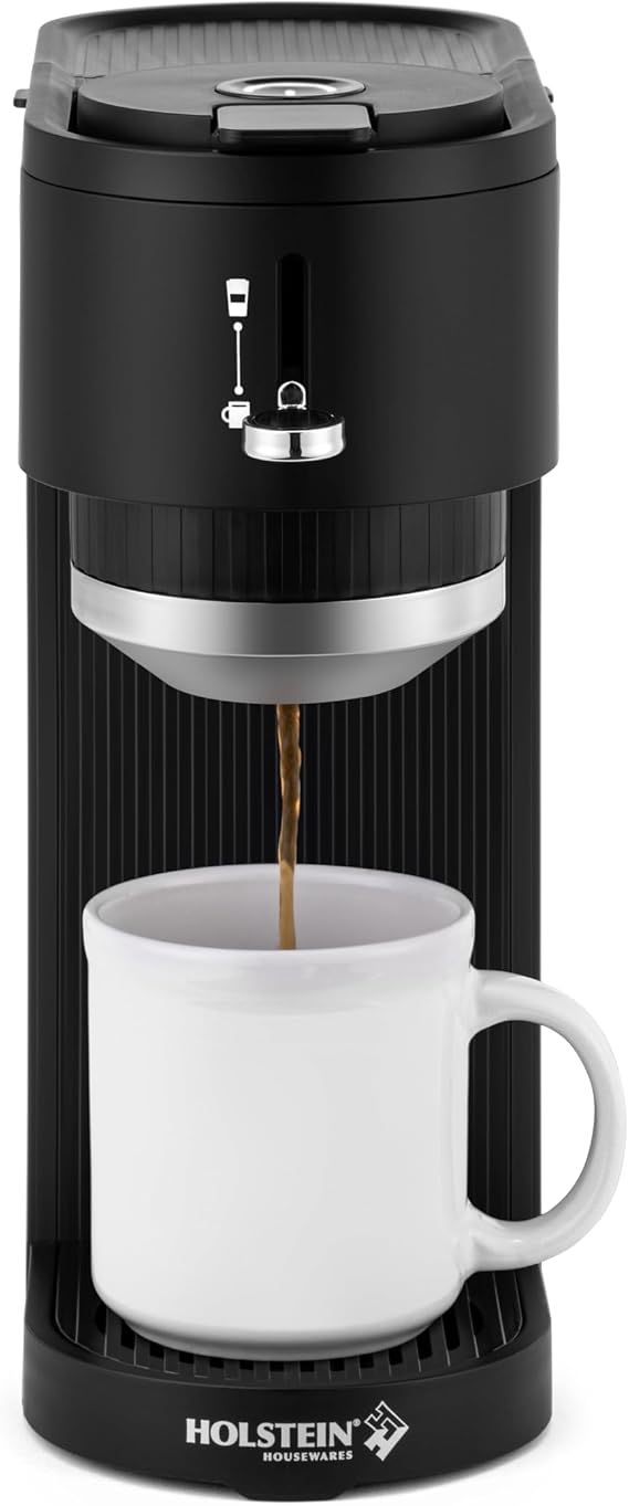 Holstein Housewares 2-in-1 Single Serve Coffee Maker, Dual Brew, Compatible with K-Cup Pods & Ground Coffee, Reusable Filter Included, Compact Drip Coffee Machine, 14oz Tank, Fits Most Cups - Black