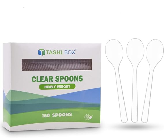 TashiBox [150 Plastic Spoons] Disposable Clear Spoons, Heavyweight Cutlery