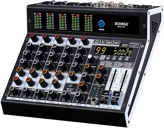 BOMGE Pro Mixer 6-Channel Mixer Console, 99 DSP Effects, +48V Phantom, Bluetooth, USB Interface. 2 AUX. FX Processor for Studio Recording and Live Performance