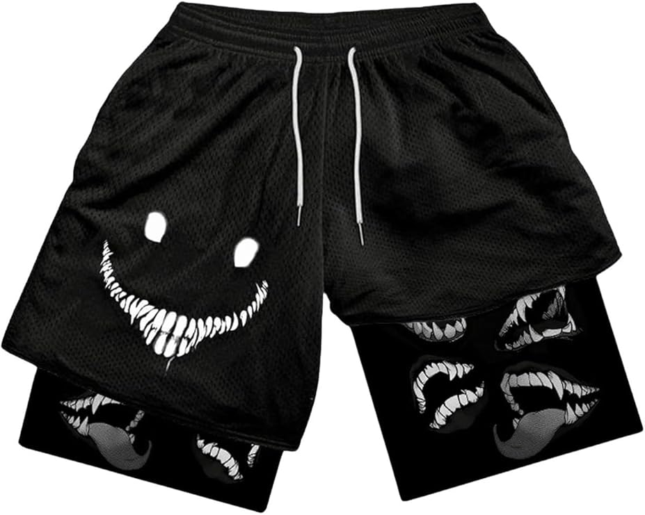 GORGLITTER Men's 2 in 1 Anime Graphic Gym Shorts Basketball Workout Shorts | Quick Dry, Drawstring, Mesh Athletic, Running Shorts with Liner, Men Workout Shorts