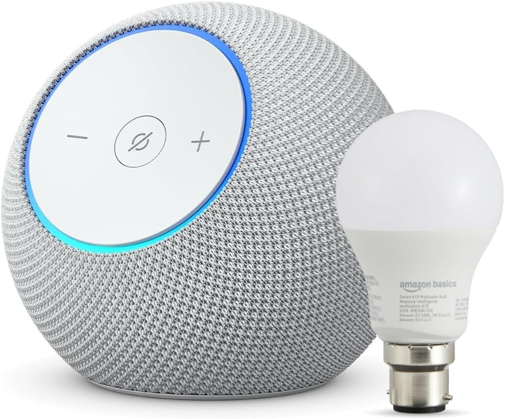 Amazon Echo Dot Max (newest gen) | Glacier White + Amazon Basics Smart Bulb (B22), Works with Alexa - Smart Home Starter Kit