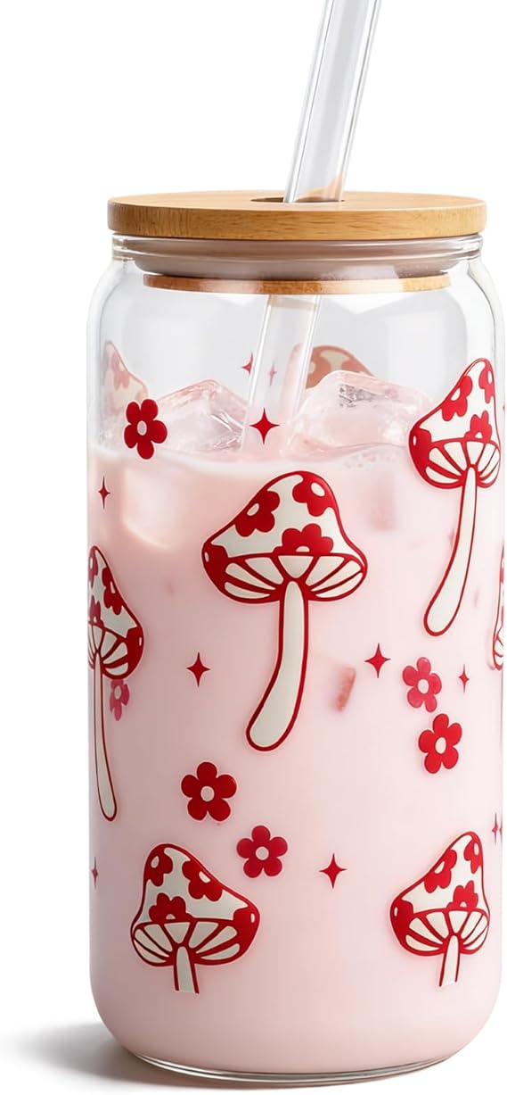 Coquette Cute Glass Cup with Lids and Straws 18OZ Mushroom Iced Coffee Cup