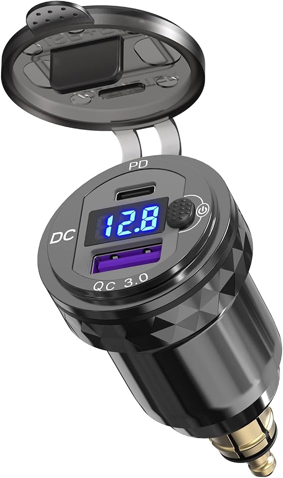Qidoe Motorcycle Power Adapter Waterproof Hella Din Plug to USB Adapter with ON-Off Switch 30W USB C PD3.0 Din USB 18W QC3.0 Quick Charge Aluminum Voltmeter Triumph Motorcycle Accessories