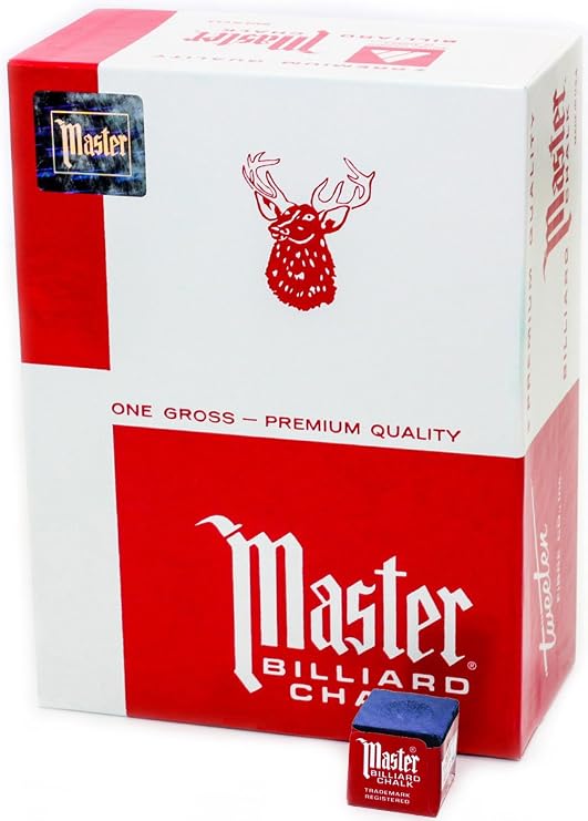 Master Billiard Pool Chalk, Pack of 144 Cubes, Blue, with Protective Box - Professional Billiards Chalk for Smooth, Even Coating on Cue Tip - Pool Table Accessories Gifts for Men
