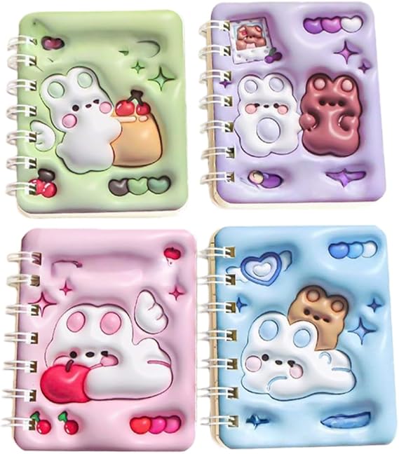 Store 4PCS cute unicorn bus Notebook Wirebound Small Mini Pocket Journal Diary for Girls Boys Kids Gift Spiral bound A7 Lined Notebook Writing Drawing Notepad (Rabbit)