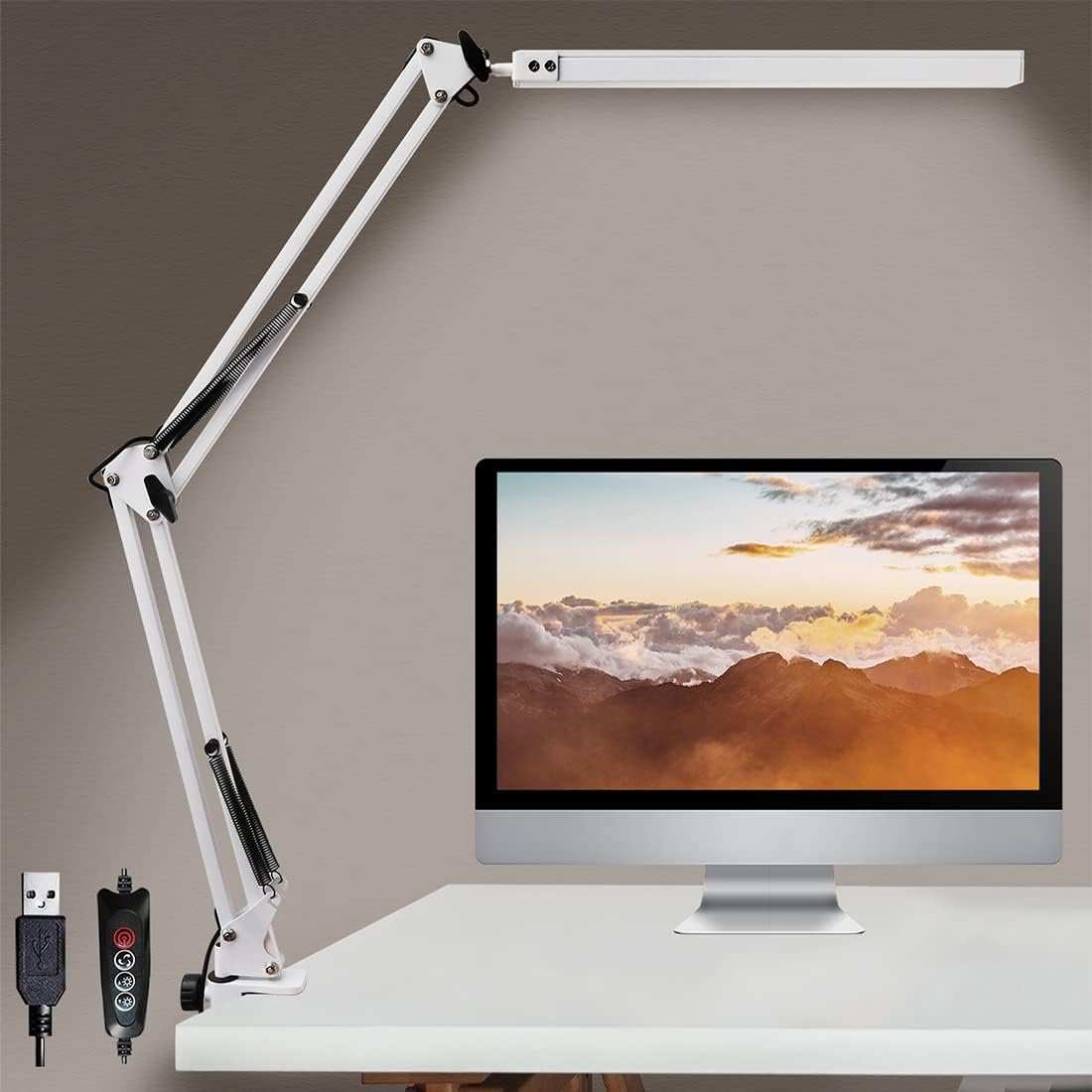 LED Desk Lamp with Clamp, Desk Light Metal Swing Arm Desk Lamp Eye-Care Dimmable USB Table Lamp for Study, Office, Working, Drawing, 3 Lighting Modes,10 Adjustable Brightness [Energy Class A]