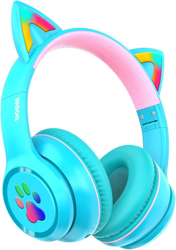 MIDOLA Bluetooth Headphones Wireless Cat Ear 60H/8H with LED Light Mic Cyan | Adjustable Headband Foldable Over-Ear Headset for Kids/Tablet/iPad/Laptop,HD Stereo Sound,Aux Aux 3.5mm