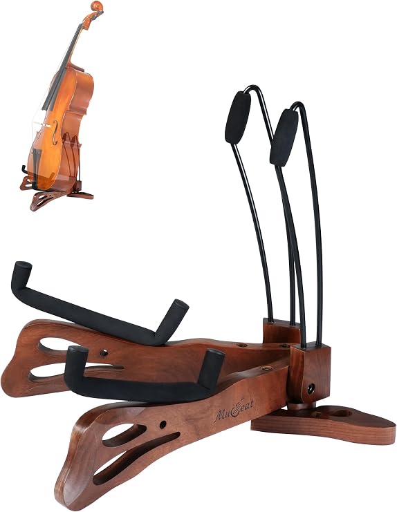 Cello Stand with Bow Holder, Walnut Butterfly-Shape Rack for Cello & Guitar | Fits 1/2, 3/4, 7/8, 4/4 Full-Size Cello, Floor Stand, Handcrafted, Padded Foam, for Home Decor & Studio Display, Gift Choice