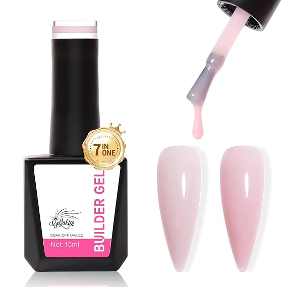 Builder Gel for Nails, 15ml 7 in 1 Builder Gel Nail Polish, LED Lamp Cured for Clear Rubber Base & Strengthener Extensions, Thickening, Repair, Salon-Quality DIY Manicure (Pink)