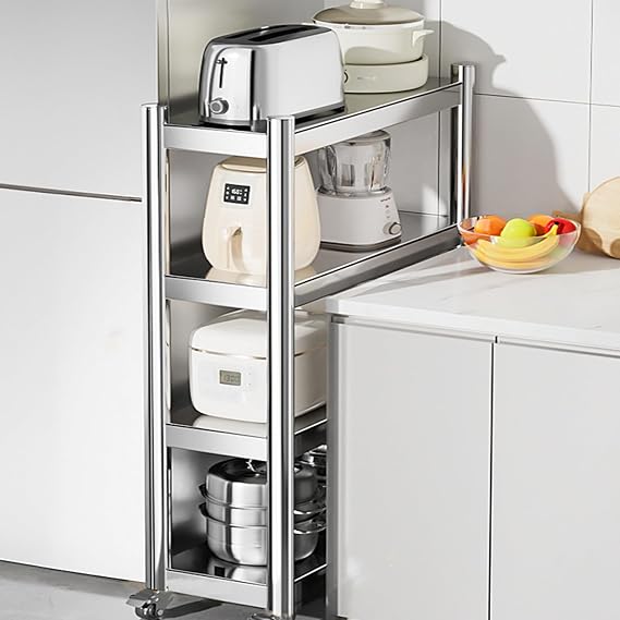 Stainless Steel Narrow Storage Shelf, Rolling Spice Rack Next to Fridge Slim, Save Space, Kitchen Utility Cart Tower Rack for Dining Room, Living(W 9.8 x D 19.7 x H 47.2 in)
