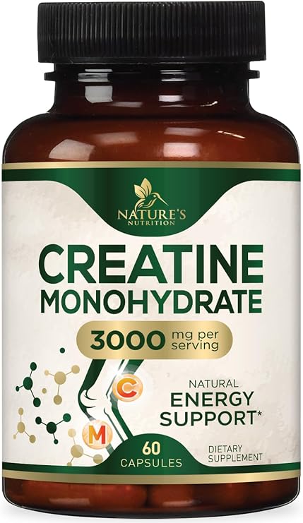 Creatine Monohydrate 3000mg Per Serving Micronized Creatine Powder Capsules - Supports Lean Muscle, Strength, Energy, Endurance - Nature's Supplement, Non-GMO, Bottled in USA - 60 Capsules