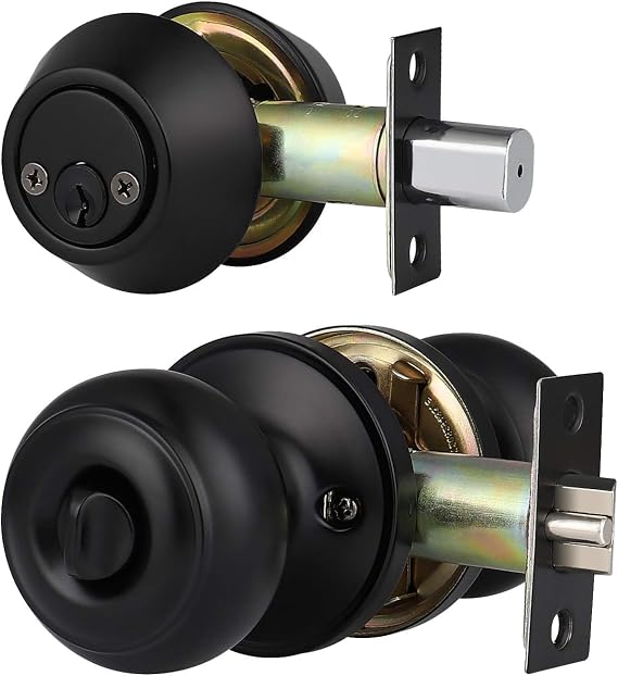 1 Pack Keyed Alike Entry Door Knobs and Double Cylinder Deadbolt Lock Combo Set, Matte Black Finished Door Lock Set, Round Style Door Knobs Deadbolt