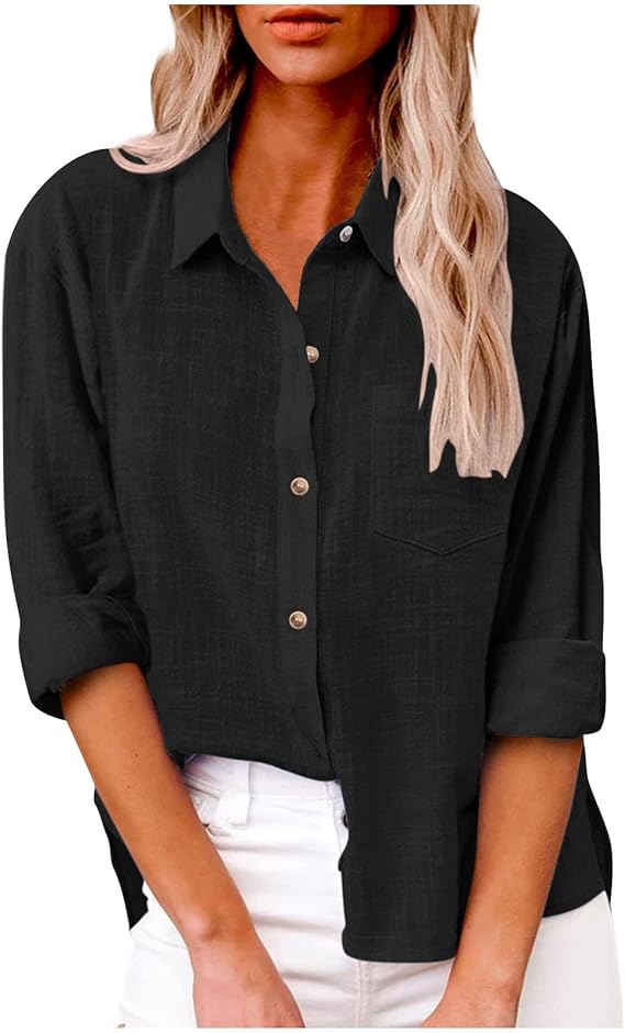 Womens Fall Coat Cotton Linen Button Down Shirt Roll Up Long Sleeve Collared Tops Business Casual Blouse with Pocket 2025