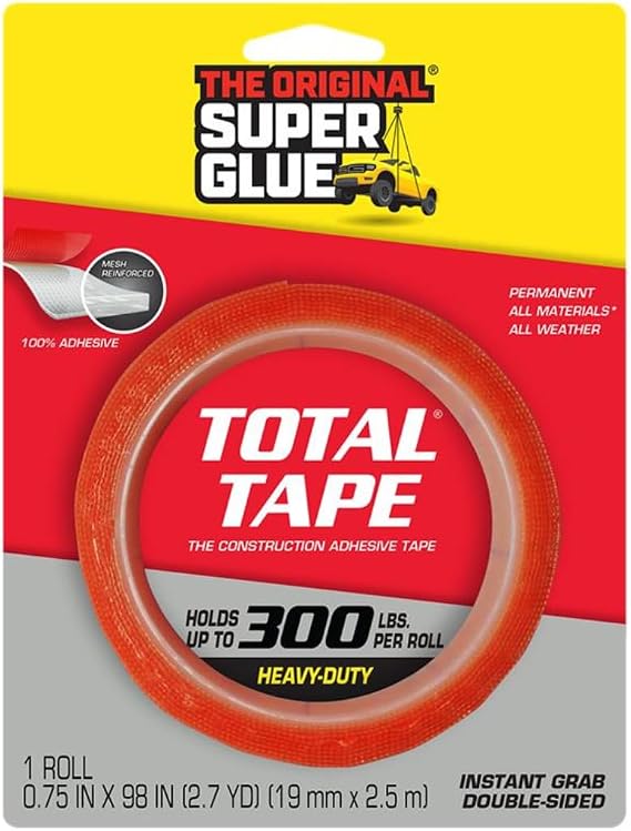 Super Glue, Total Tape Roll, Strong Indoor & Outdoor Construction Adhesive, Holds 300 lbs. per Roll, Permanent Bonding, All-Weather, Mesh Reinforced, Easy-to-Use Double-Sided Tape