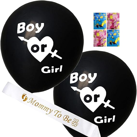 Gender Reveal Balloon Kit with Pink/Golden and Blue/Golden Confetti, Mom to Be Sash, 36 Inch Black Gender Reveal Balloons