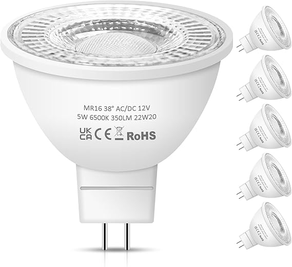 MR16 LED Bulbs, 12V 5W (50W Halogen Equivalent) Cool White 6500K 38° Beam Angle LED MR16 Non-Dimmable for Indoor/Outdoor Landscape, Recessed, Track Lighting, GU5.3 Bi Pin Base, 6 Pack [Energy Class F]