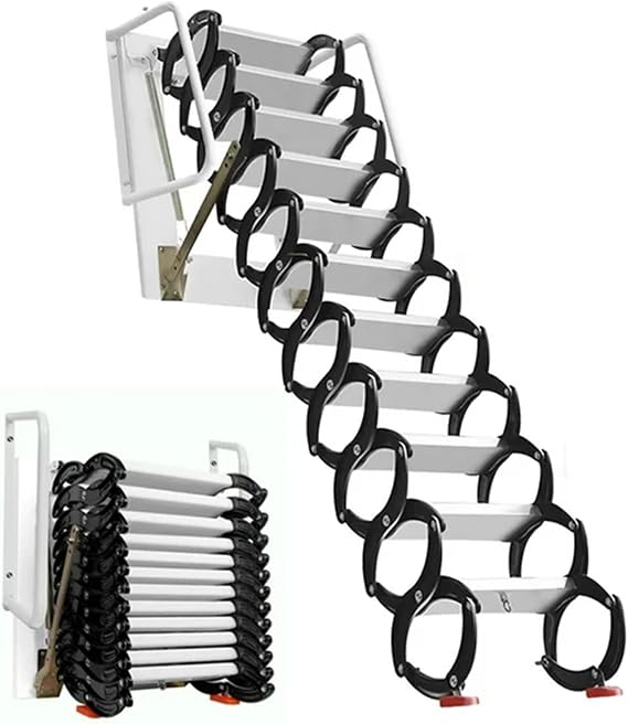 12 Steps Attic Ladder, Wall Mounted Folding Loft Ladder, 10.17ft Retractable Loft Access Staircase Pull Down System, Extension Steps with Armrests, Weight Capacity 660lbs (Black)