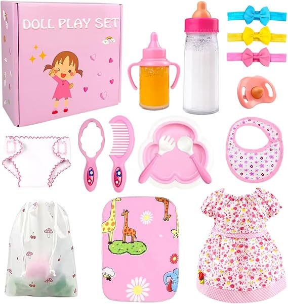 BNUZEIYI Baby Doll Accessories - Feeding and Caring Set with Bottles Doll Diaper and Changing Mat, Stuff Clothes fit 14-16 Inch 18 Inch Doll Pretend Play Set for Girls Gift