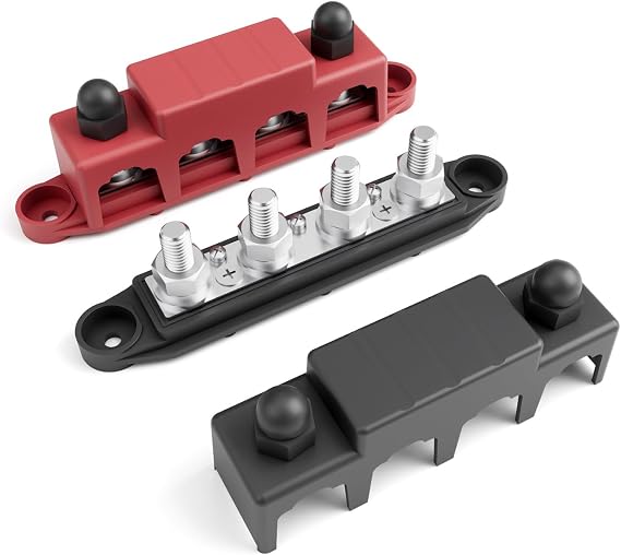 Power Distribution Terminal Block, 250A, 12V, 4 Positions, IDC Connector, Red, Nylon, 48V DC, 8 Poles, AWG 4 Gauge, DIN Rail Mount