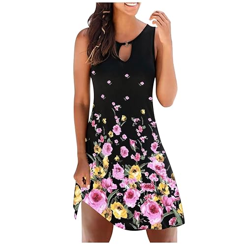 Dresses for Women 2023 Summer Floral Print Hollow Out Mini Dresses Sleeveless Round Neck Loose Short Dresses