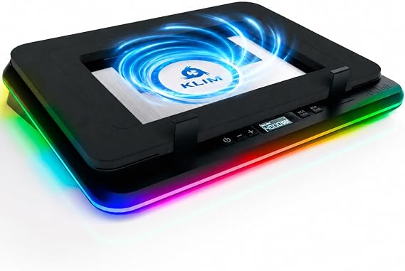 KLIM Turbofrost Gaming Laptop Cooling Pad - 4 Powerful Turbo Fans - 4 x 4000 RPM, Laptop Cooler 2 Power Modes USB-C/DC, Dynamic RGB, 4-Ports USB, Sealed Foam for Fast Cooling - Up to 17in - Grey Space