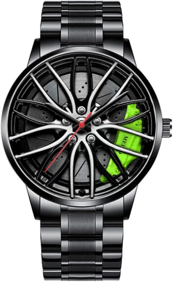 Singular-Point Luxury Quartz Watches, Men's Car Watch, Water Resistant Stainless Steel Automatic Quartz Movement Watch with Wheel Rim Hub Design Men's Wheel Non-Mechanical Watch