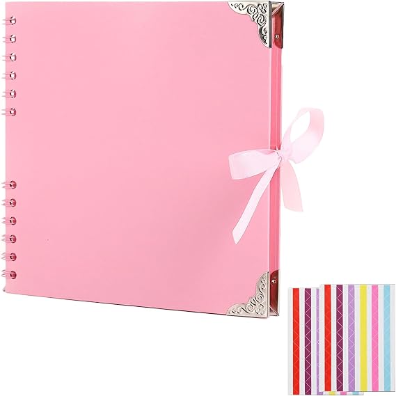 Scrapbook Photo Album, 60 Pages Thick Kraft Paper Spiral Bound Scrap Book, Wedding Picture Scrapbooking Album, Memory Book Ideal for Writing, Drawing, Photos Souvenirs & Memories (21 x 21 cm) (Pink)
