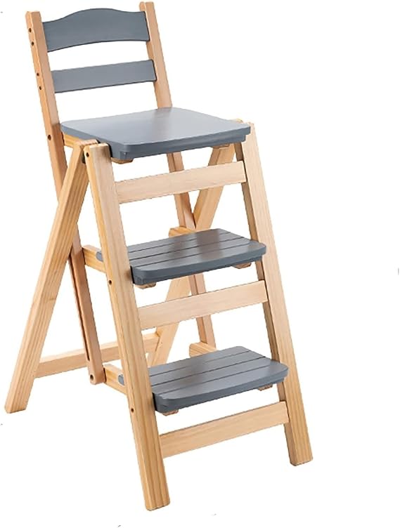 Folding Kitchen Step Stool, 3-Step Ladder, Gray, Solid Pine Wood, Anti-Slip, Foldable, Portable